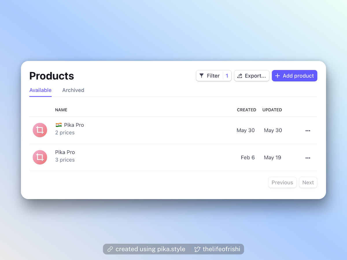 Stripe Products Screen